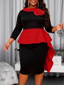 Elegant Black & Red Ruffle Trim Fitted Dress, Suitable For Formal Occasions Such As Sunday Funeral Spring - Red - View 3