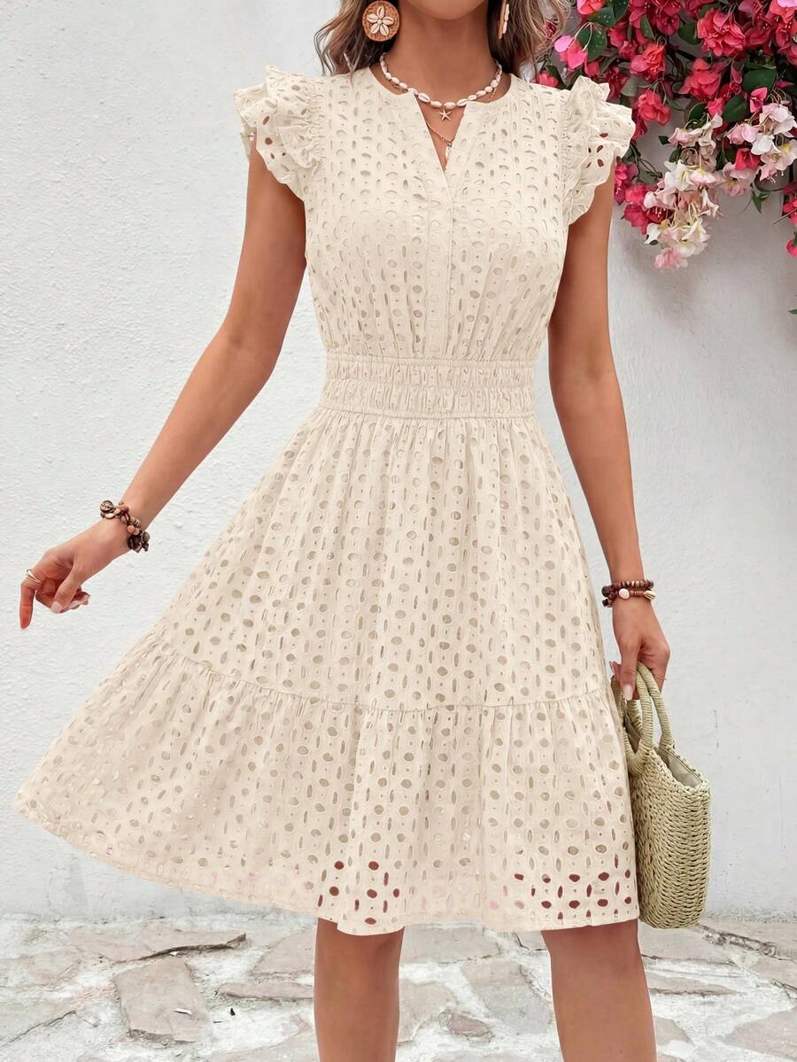 PRETTYGARDEN Women's Summer Dresses Eyelet Cap Sleeve V Neck Short Boho Wedding Guest Graduation Dress Beach Vacation Sundresses Dresses For Women - 米白色 - 查看 1
