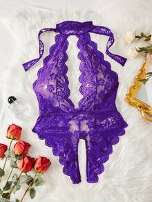 Plus Size Women Sexy Lace Jumpsuit Lingerie Nightgown - Purple - View 4