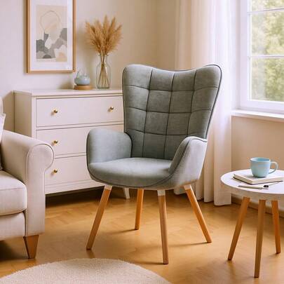 Meubles Cosy Fotel skandynawski, fotel wypoczynkowy z tapicerką z tkaniny, podłokietnikami i wyściełanymi nogami z litego drewna, szary, 68 x 50 x 106 cm