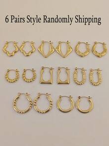 6 Pairs Stainless Steel Exaggerated Large Hoop Earrings Set, Multi-Style Earring Combination, Fashionable Accessories Suitable For Daily Wear - Multicolor - View 8