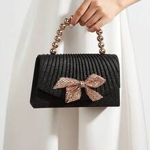 黑色亮片褶皱手拿包，配金色珠子手柄和水钻蝴蝶结贴花 - 黑色 - 查看 8