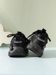 1 Pair Spring/Autumn Fashion Chunky Sneakers, Breathable Mesh Running Shoes For Boys & Girls - Black - View 5