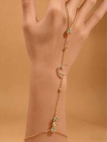 1pc Elegant Rhinestone Crescent Moon Linked Finger Ring, Fashionable Jewelry Gift For Friends - Moon - View 2