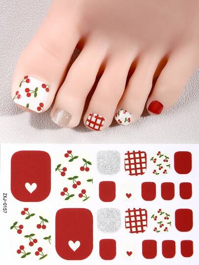 22片春夏红白撞色美甲贴，闪亮白心樱桃清新甜美风格美甲贴纸，易于粘贴，适合女士居家DIY美甲