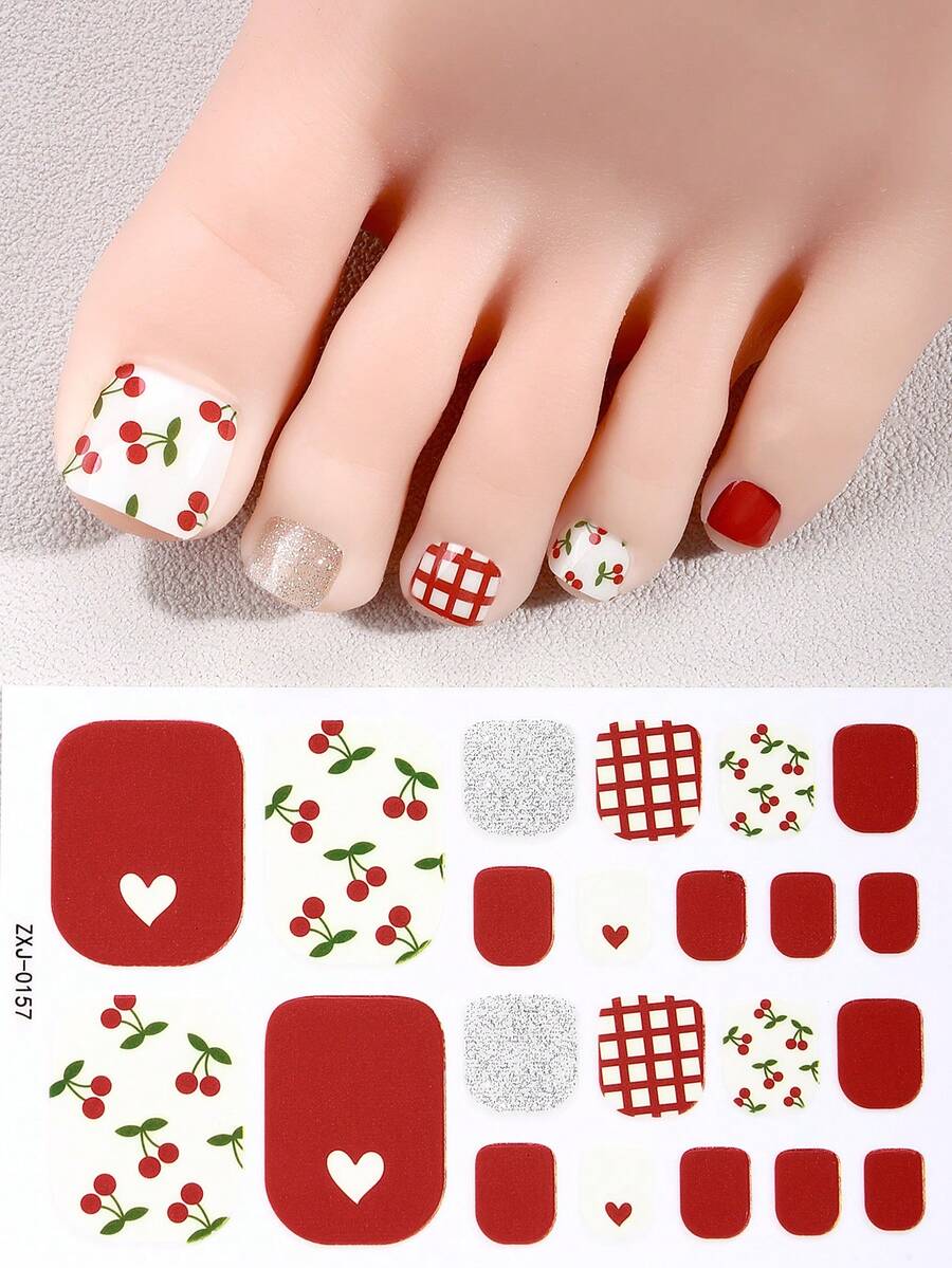 22片春夏红白撞色美甲贴，闪亮白心樱桃清新甜美风格美甲贴纸，易于粘贴，适合女士居家DIY美甲 - 紅色 - 查看 1