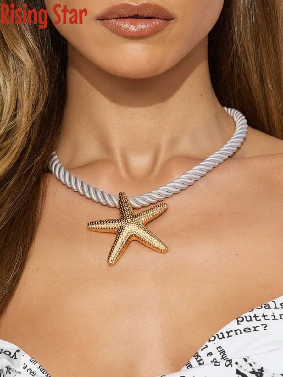 1 Pc Summer Beach Sea Star Starfish Pendant Cord Necklace For Women - Thick Rope Starfish Necklace - View 1