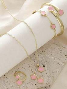 6pcs/Set Necklace, Bracelet, Earrings, Ring, Lucky Flower Necklace, Gold Earrings, Gold Ring, Gold Necklace, Gold Bracelet, Gold Bangle, Girl Jewelry Set, Suitable For Back To School, Party, Holiday - 粉色 - 查看 2