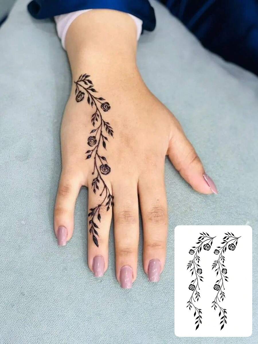 1pc Fashionable Waterproof Rose Vine Henna Temporary Tattoo, Sweat-Proof, Realistic Mehndi Style, Suitable For Wedding/Party/Daily Wear,Sketch Style - 黑色 - 查看 1