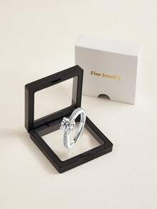 1pc Fashionable & Personalized Gold Stainless Steel Gift Box Packed Classic Four-Prong Setting 1 Carat Cubic Zirconia Adjustable Ring For Women's Special Occasions - Silver - View 2