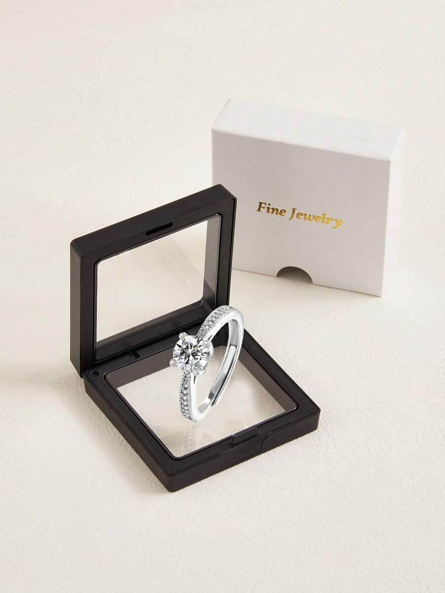 1pc Fashionable & Personalized Gold Stainless Steel Gift Box Packed Classic Four-Prong Setting 1 Carat Cubic Zirconia Adjustable Ring For Women's Special Occasions