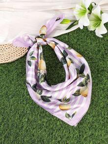 1pc Spring/Summer Versatile Scarf, Boho Fresh Lemon Print Striped Neckerchief - Multicolor - View 3