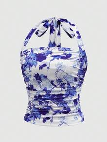 印花系带露背吊带上衣 - 藍白色 - 查看 2