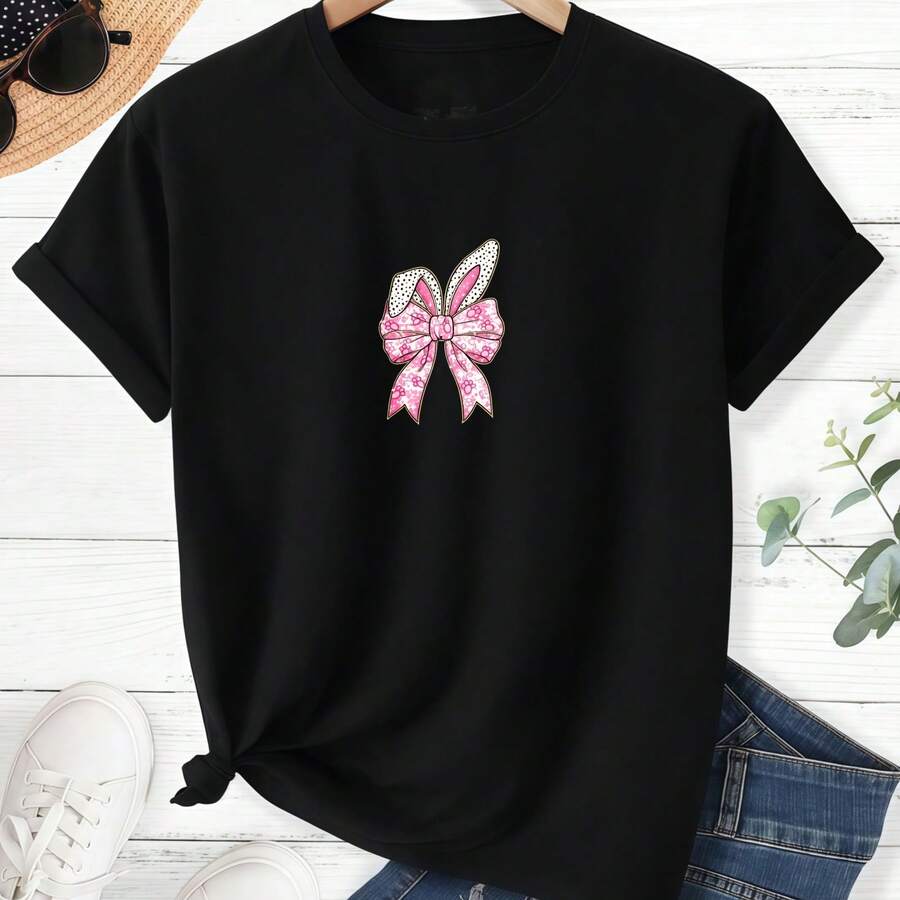 Men's T-Shirt, Women's T-Shirt, Easter T-Shirt, Pink Bow With Floral Pattern On Black T Shirt Comfortable And Versatile Outdoor Casual Short Sleeve - Negro - Ver 1
