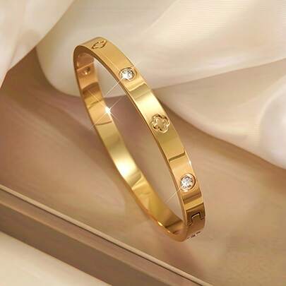 1pc Fashion Bracelet, Polished Mirror Surface, Non-Fading, Lucky Four-Leaf Clover, Classic Style, Suitable For Men And Women Daily Wear