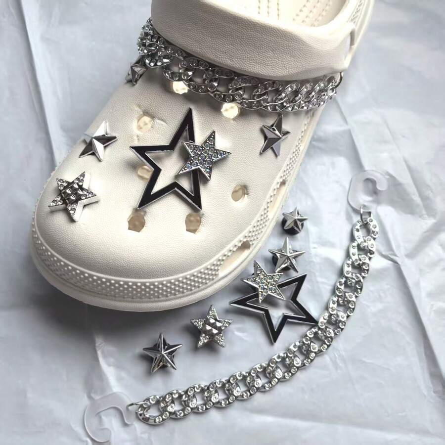 12pcs/Set Silver-Tone Rhinestone Chain And Star Design Decorations For Clogs/Sandals