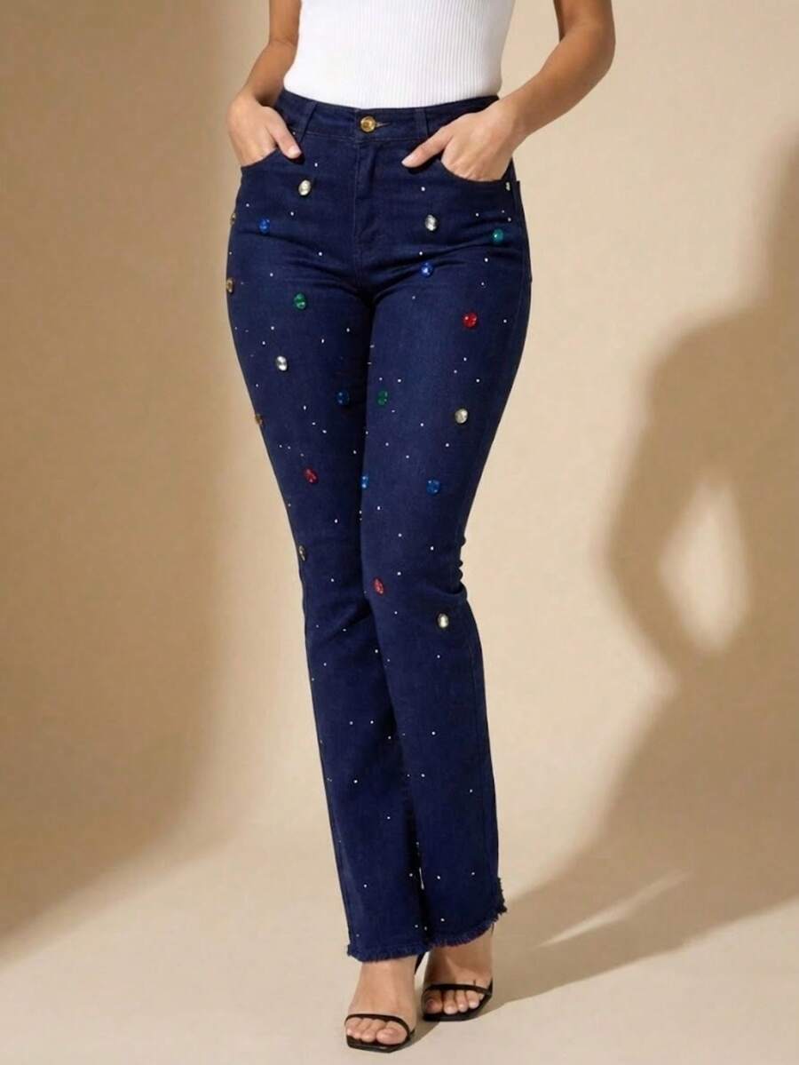 pthirillo Women's Dark Blue Flare Jeans With Butt-Lifting, High Waist, And Rhinestone Detail - Premium Rhinestone Jeans - Colorful Rhinestones and Rhinestone Mix - View 1