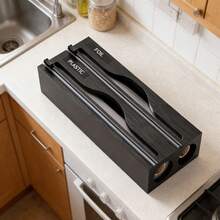 1 个 33.2*14*7 厘米竹制保鲜膜分配器、铝箔和保鲜膜收纳盒、2 格保鲜膜切割器、自然矩形形状，用于切割保鲜膜和铝箔，适用于厨房 - 返校 - 黑色 - 查看 7