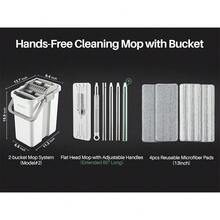Mop And Bucket With Wringer Set, Flat Squeeze Mop Flat Head, Dust Mops For Wall Cleaner With Long Handle, Hands-Free Microfiber Mops For Floor Cleaning - White - 大號白色水桶#2+60吋平板拖把+4個拖布 - 查看 6