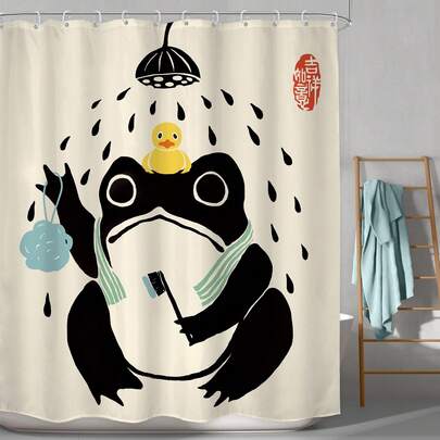 1件趣味青蛙造型浴帘，橡胶鸭复古黑米色艺术浴室浴帘装饰，适用于浴室浴缸隔断、浴室配件、浴室浴帘装饰