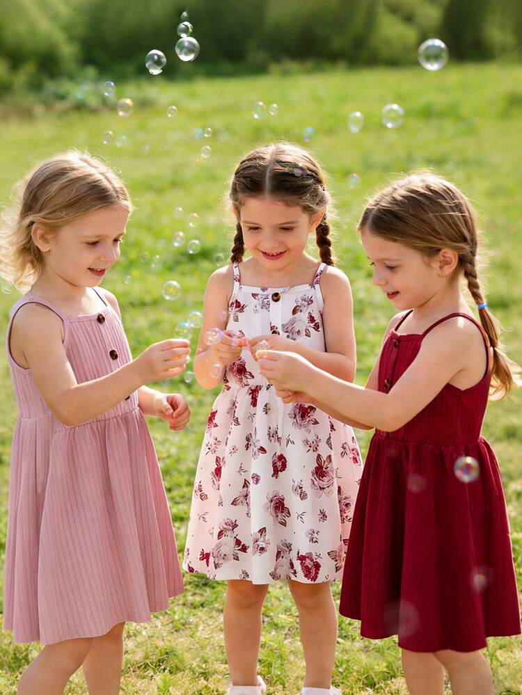 3件套年轻女孩花卉印花休闲细肩带连衣裙 - 淺粉色 - 查看 3