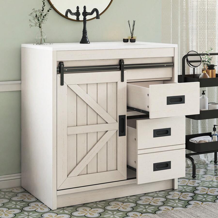 31 Inch Farmhouse Bathroom Vanity With Sink – Wood Grain Cabinet With Sliding Barn Door, Drawers & Metal Handles - 白色 - 查看 1