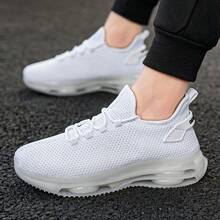 1 Pair Men's Breathable Knit Athletic Shoes - Casual Lace-Up Sneakers With Cushion, Anti-Slip PVC Outsole, Fabric Upper, Lining And Insole, Synthetic Sole, Solid Color, Suitable For All Seasons - 白色 - 查看 6