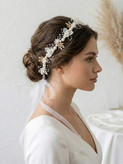 1pc Exquisite Flower Pearl Hair Vine, Delicate Gold Leaf Bridal Headband, Versatile Ribbon Wedding Hair Decoration For Formal Events,Bridal Wedding Flower & Faux Pearl Headband, Bohemian Gold Leaf Hair Vine With Ribbon, Romantic Elegant Party Hair Accessories For Women & Brides