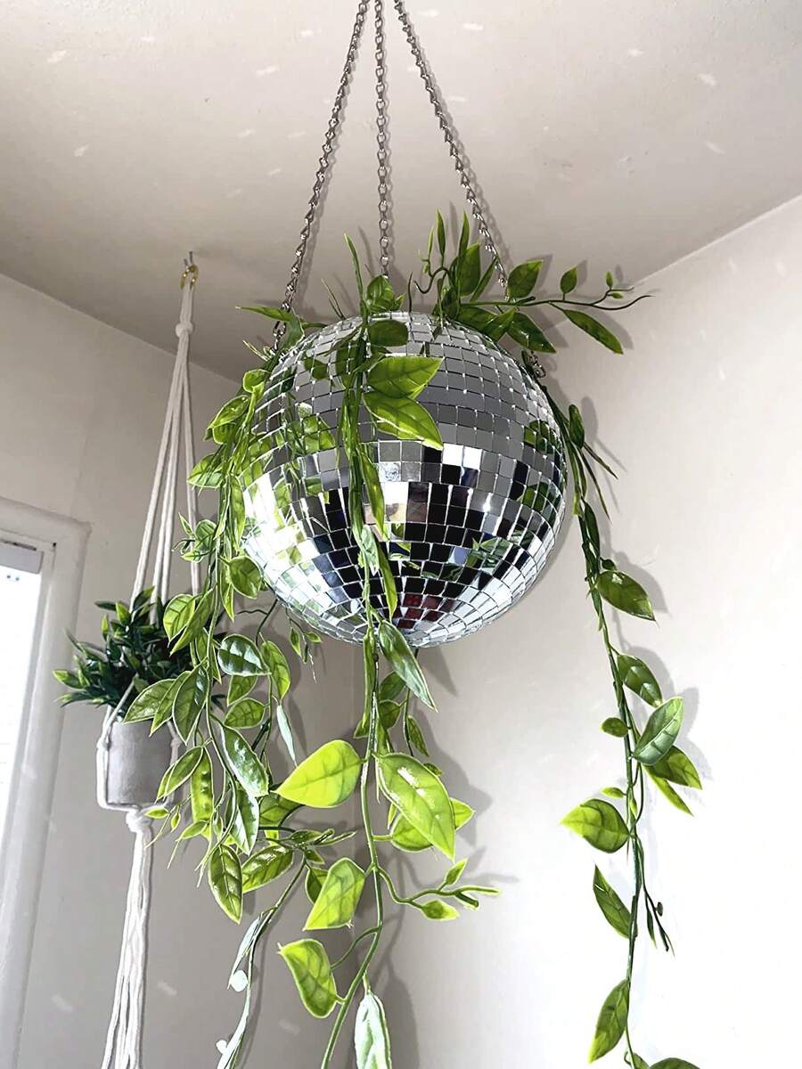 1pc 4/6/8 Inch Handmade Silver Mirror Glass Sphere Planter With Chain, Suitable For Outdoor Garden, Office, Home Decor