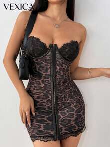 Vexica 女士无袖无肩带紧身迷你连衣裙，豹纹印花，撞色蕾丝饰边，铅笔裙摆，适合派对、黑色连衣裙、新年夜、优雅派对、海滩、圣诞节等场合。 - 棕色 - 查看 12