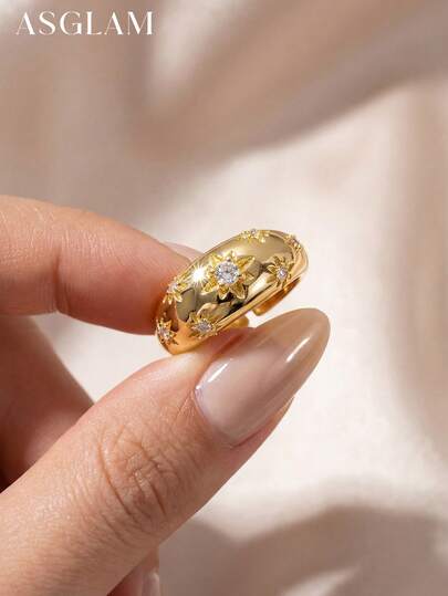 1 pièce Bague ouverte épaisse et à la mode avec zirconium en forme d'étoile, bijou en argent sterling S925 réglable à boucle unique, cadeau exquis pour l'anniversaire des filles, soirée de bal