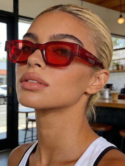 红色复古方形塑料太阳镜，时尚Y2K风格装饰眼镜，适合户外旅行、海滩度假、休闲佩戴，夏季防紫外线驾驶太阳镜