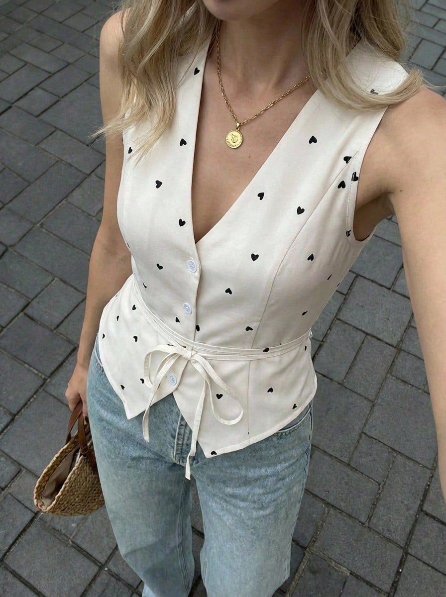 Buzzelle 女士V领爱心印花打结腰身设计时尚百搭无袖上衣 - 白色 - 查看 1