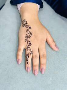 1pc Fashionable Waterproof Rose Vine Henna Temporary Tattoo, Sweat-Proof, Realistic Mehndi Style, Suitable For Wedding/Party/Daily Wear,Sketch Style - 黑色 - 查看 4