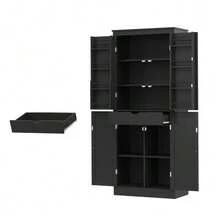 Kitchen Cabinet, Multifunctional Tall Cabinet, Sideboard With Two Shelf Doors, Storage Compartments And Internal Drawer, 182 * 40 * 75, Suitable For Kitchen, Dining Room And Living Room. - 黑色 - 查看 9