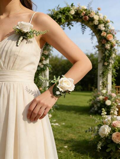 1/2 bông hoa hồng trắng Airen với lá xanh giả, ghim cài và vòng tay hoa lãng mạn, thích hợp cho chú rể, cô dâu, phù rể, phù dâu, đám cưới, lễ đính hôn, tiệc chiêu đãi, tiệc kỷ niệm.