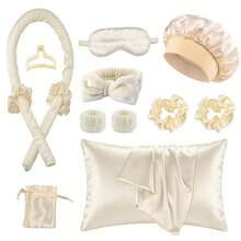 13-Piece Sleeping Hair Styling Set: Beige No-Heat Curler, Bow Headband, Wristband, Eye Mask, Pillowcase, Sleep Cap - Slouchy Hairstyling Set Without Damaging Hair - Multicolor - View 8