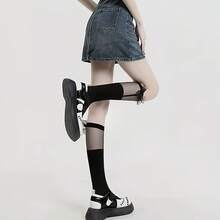 White And Black Soft Breathable Women's Knee-High Socks, Bow-Tie Calf Socks, 's Socks, Summer Thin Long Stockings, Summer JK Lolita Half-High Socks, With Vertical Stripes And Bows, Japanese-Style Short Ruffle Leg Decoration, Butterfly Pattern, Casual And Cute, Adorable Socks. - White - View 1