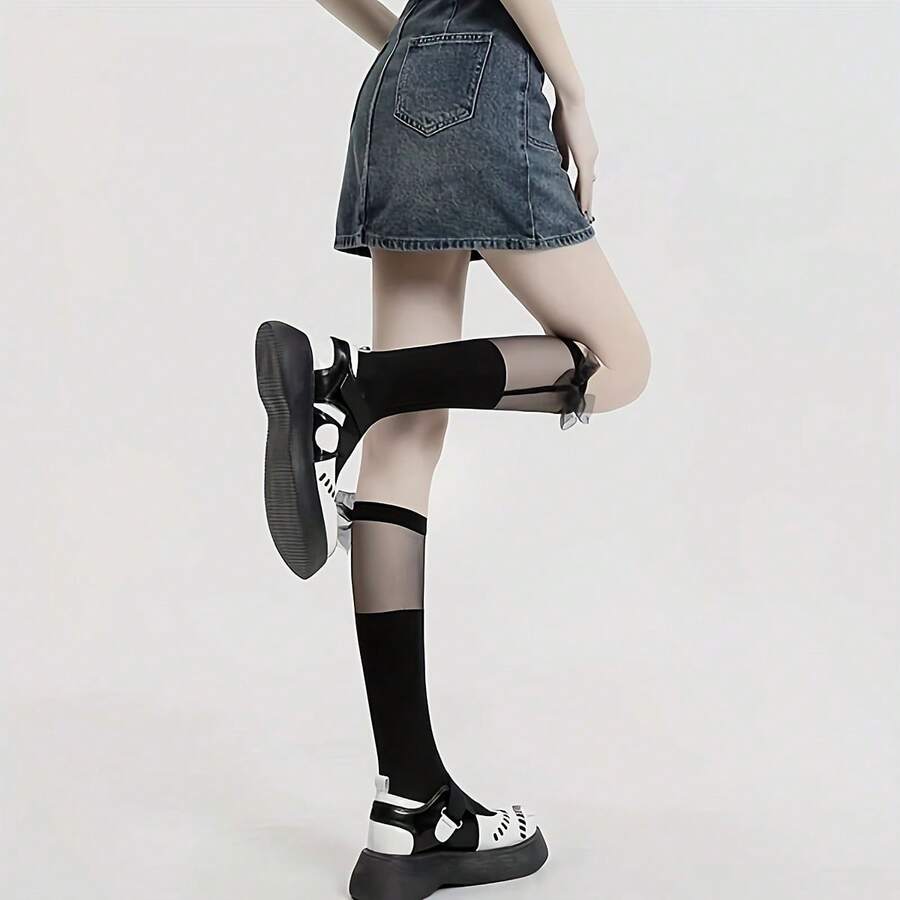 White And Black Soft Breathable Women's Knee-High Socks, Bow-Tie Calf Socks, 's Socks, Summer Thin Long Stockings, Summer JK Lolita Half-High Socks, With Vertical Stripes And Bows, Japanese-Style Short Ruffle Leg Decoration, Butterfly Pattern, Casual And Cute, Adorable Socks. - White - View 1