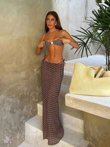 Elegant & Sexy Polka Dot Print 3-Piece Bikini Swimsuit For Women, Random Floral Print - 咖啡棕 - 查看 6