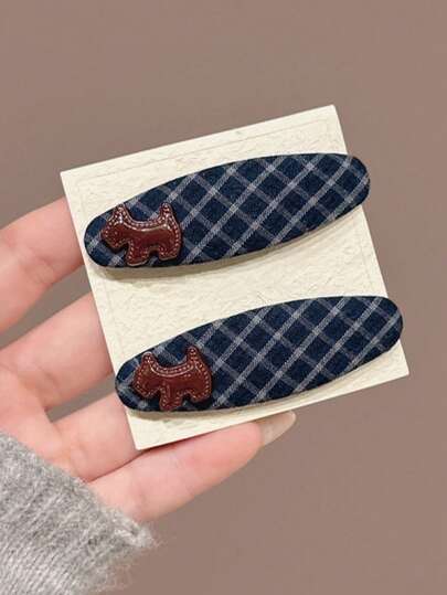 2个韩式格子小狗发夹，侧刘海夹，2025新款额刘海BB夹，优雅发饰