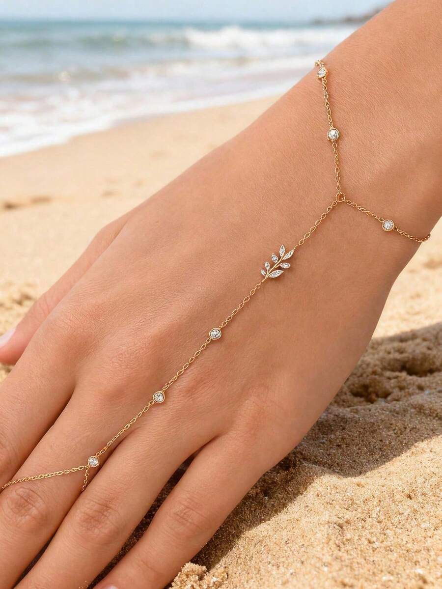 女士金叶水钻手链，精致沙滩风手指手链饰品 - 金色 - 查看 1