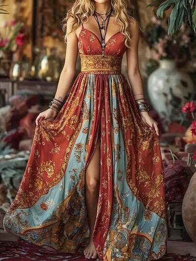 Vestido Largo de Tirantes con Estampado Vintage - Escote en V Atrás y Tipo Corset para Mujer