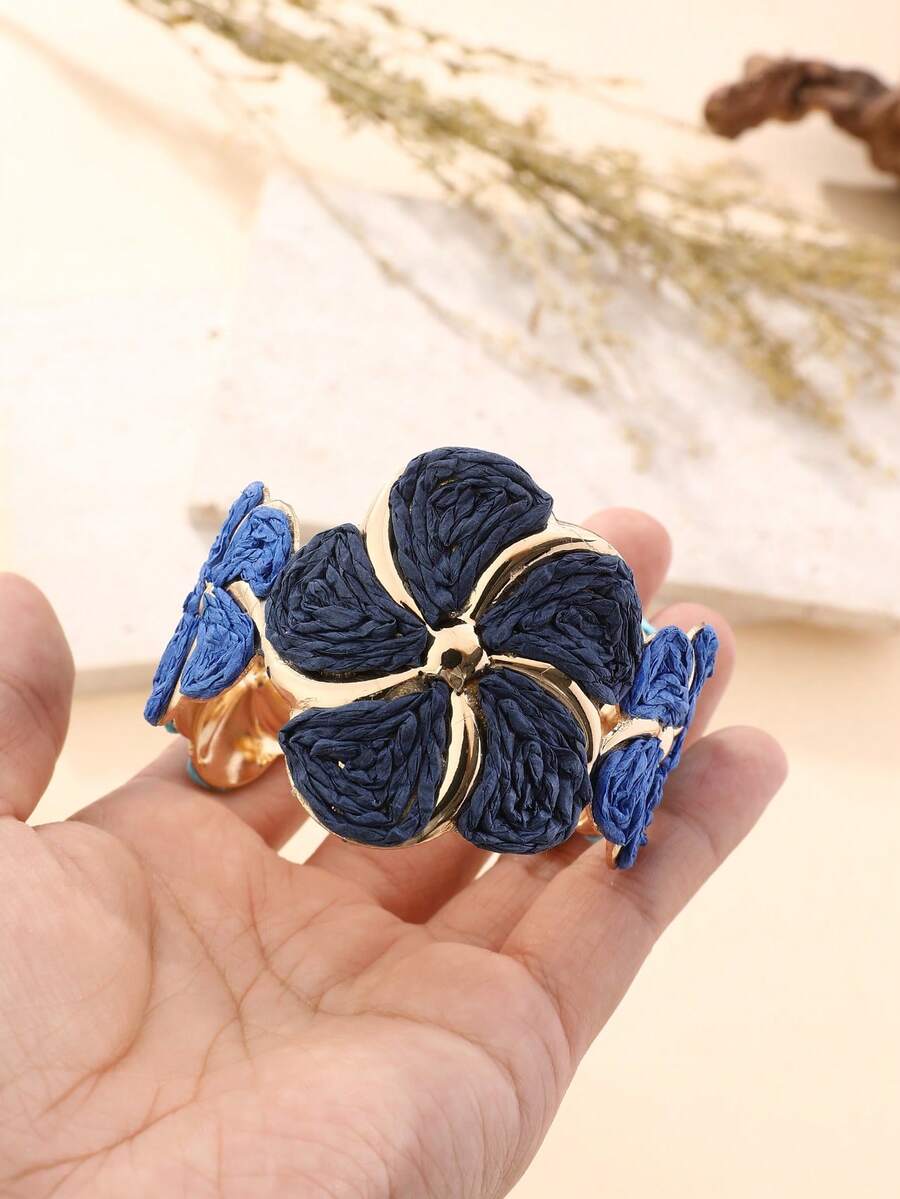 1pc Handmade Paper Yarn Woven Oversized Floral Bracelet, Adjustable, Suitable For Vacation, Party, Market, Afternoon Tea And Daily Wear, Blue - Blue - View 1