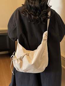 Dedoo Large Capacity Lightweight Nylon Material Wrinkled Texture Solid Color Dumpling Shaped Drawstring Design Crossbody Bag, Suitable For Daily Commute, School, Short-Distance Travel Or Shopping - Beige - View 3