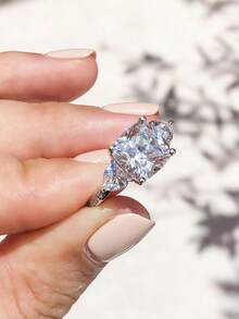 XUJIA 1 chiếc nhẫn bạc 925 Sterling Silver hình vuông 9x9mm đính đá Cubic Zirconia lấp lánh chất lượng AAAAA+, kiểu dáng cổ điển, thích hợp làm quà tặng kỷ niệm, cưới hỏi cho phụ nữ. - AB-R3S-011 - Xem 3