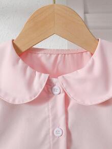 Girls' White Button-Up Shirt With Puff Sleeves, Collegiate Style, Spring/Summer - Pink - View 3
