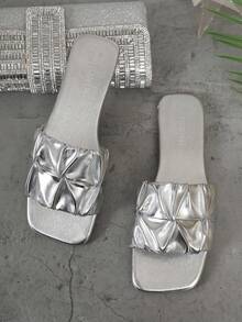 1双女士夏季PU皮革荷叶边沙滩拖鞋，防滑软底露趾平底凉鞋，适合户外休闲穿着 - 銀色 - 查看 8