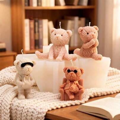 3D Cool Teddy Bear Silicone Candle Molds, Fashion Glasses Gangster Bear & Sofa Bear Moulds For DIY Aromatherapy Candles, Soap Resin Crafts & Home Decor