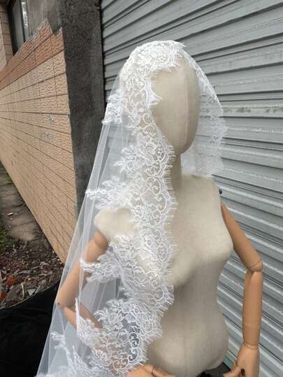 2026款长款蕾丝婚纱头纱，白色亮片蕾丝3米新娘头纱，超长拖尾婚纱头纱